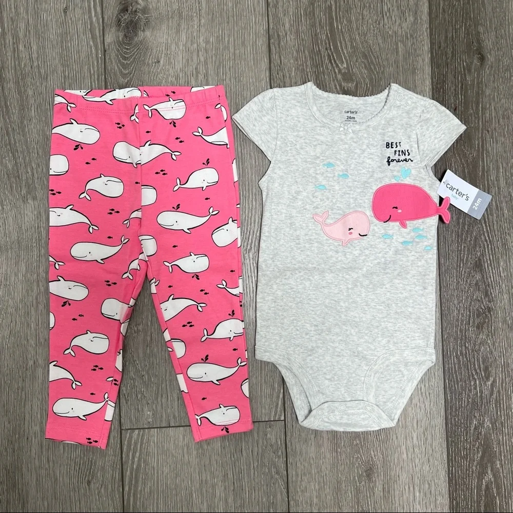 CARTERS 2PC SHORT SLEEVE BODYSUIT PANTS OUTFIT SET WHALE 24MO NWT